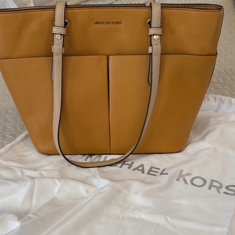 Michael Kors Mustard Yellow Leather Tote with Cream Straps